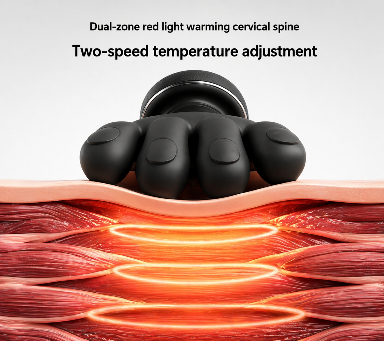 AXEN NeckRelief™ electric neck massager with adjustable straps used on neck to relieve pain and tension.
