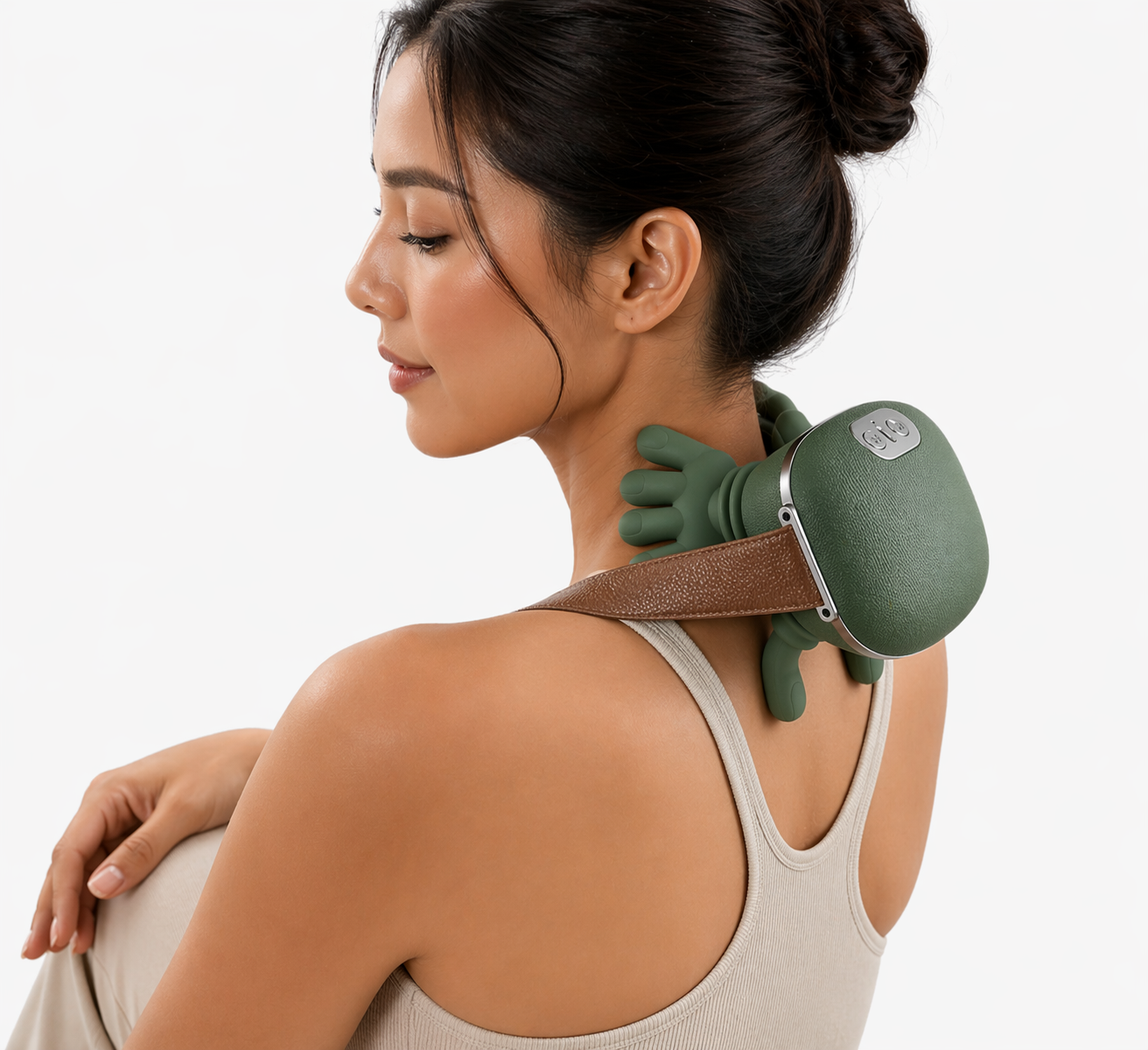 AXEN NeckRelief™ electric neck massager for pain and tension relief, shown in use with ergonomic design and adjustable settings.