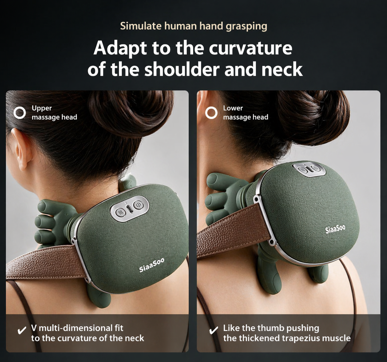 AXEN NeckRelief™ electric neck massager providing pain and tension relief, shown in use on a person's neck.