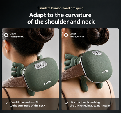 AXEN NeckRelief™ electric neck massager providing pain and tension relief, shown in use on a person's neck.
